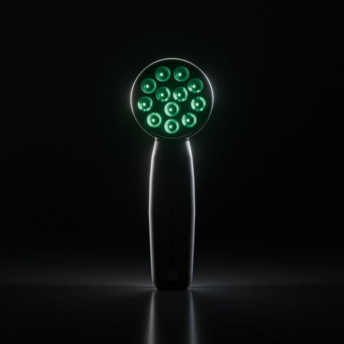 Front view of the DRKD Retreat 21 in a dark room with all 12 LED wells lit green on the black round head.