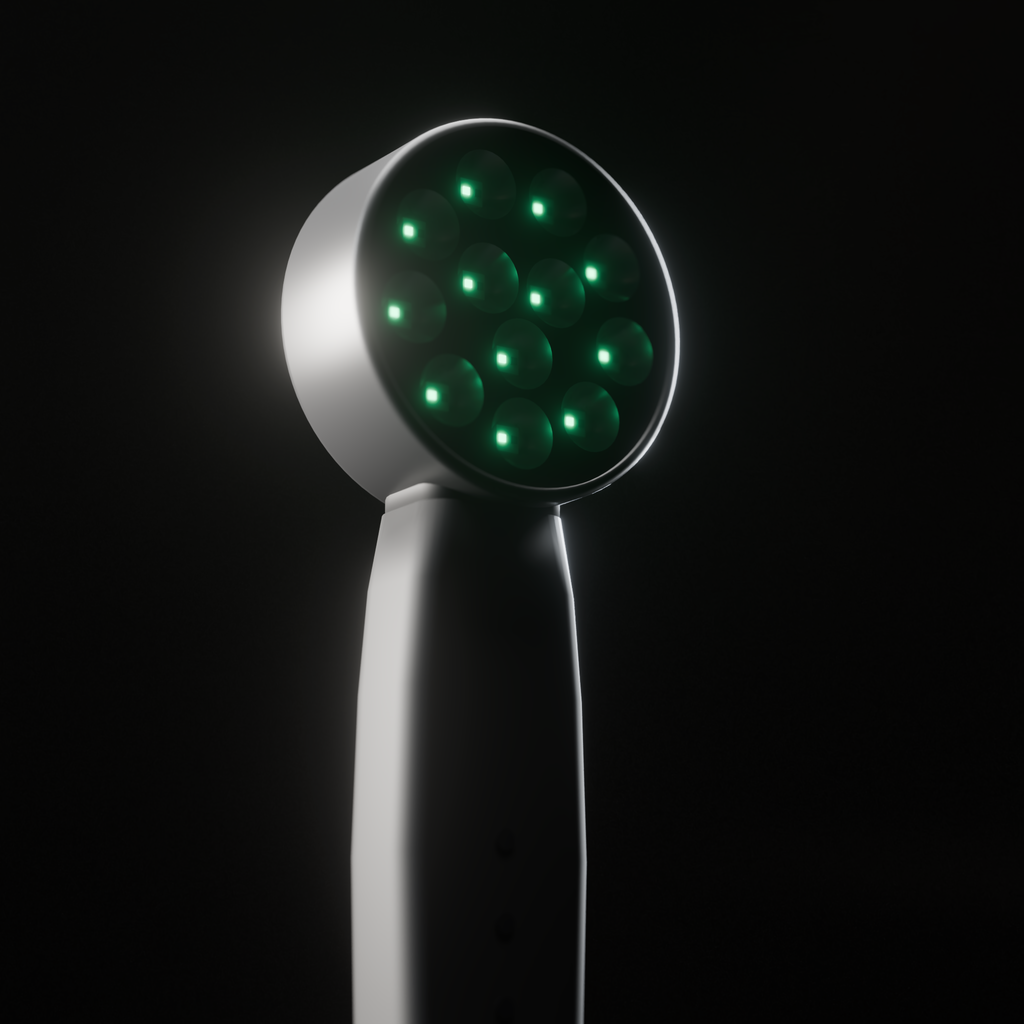 DRKD Retreat 21 in a dark room at an angle with its 12 LED wells lit green, matte black housing with a round head and slim handle.