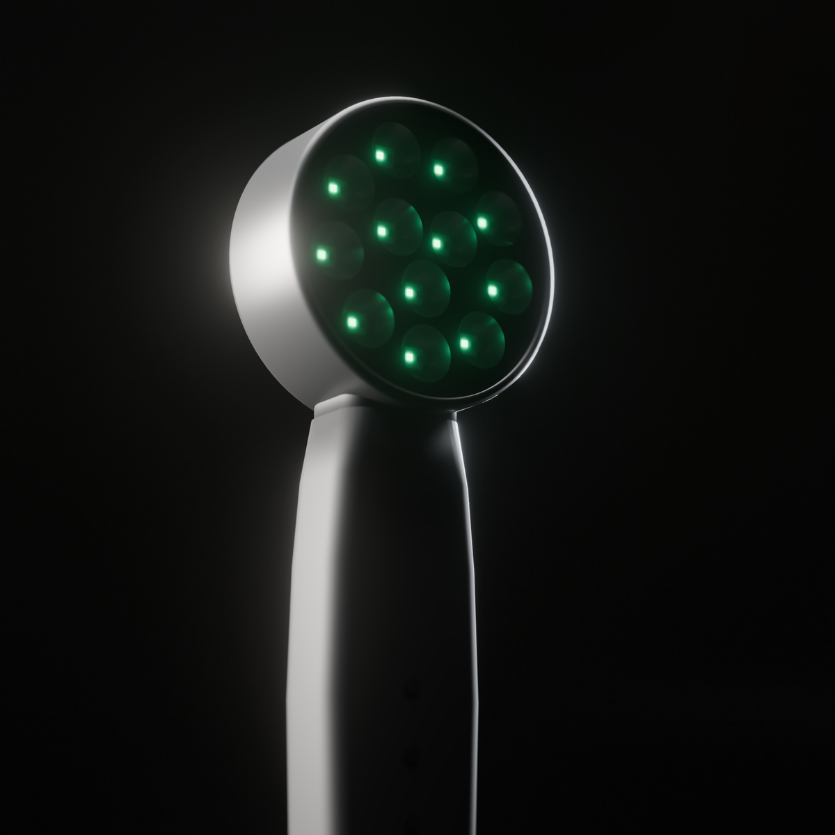 DRKD Retreat 21 in a dark room at an angle with its 12 LED wells lit green, matte black housing with a round head and slim handle.