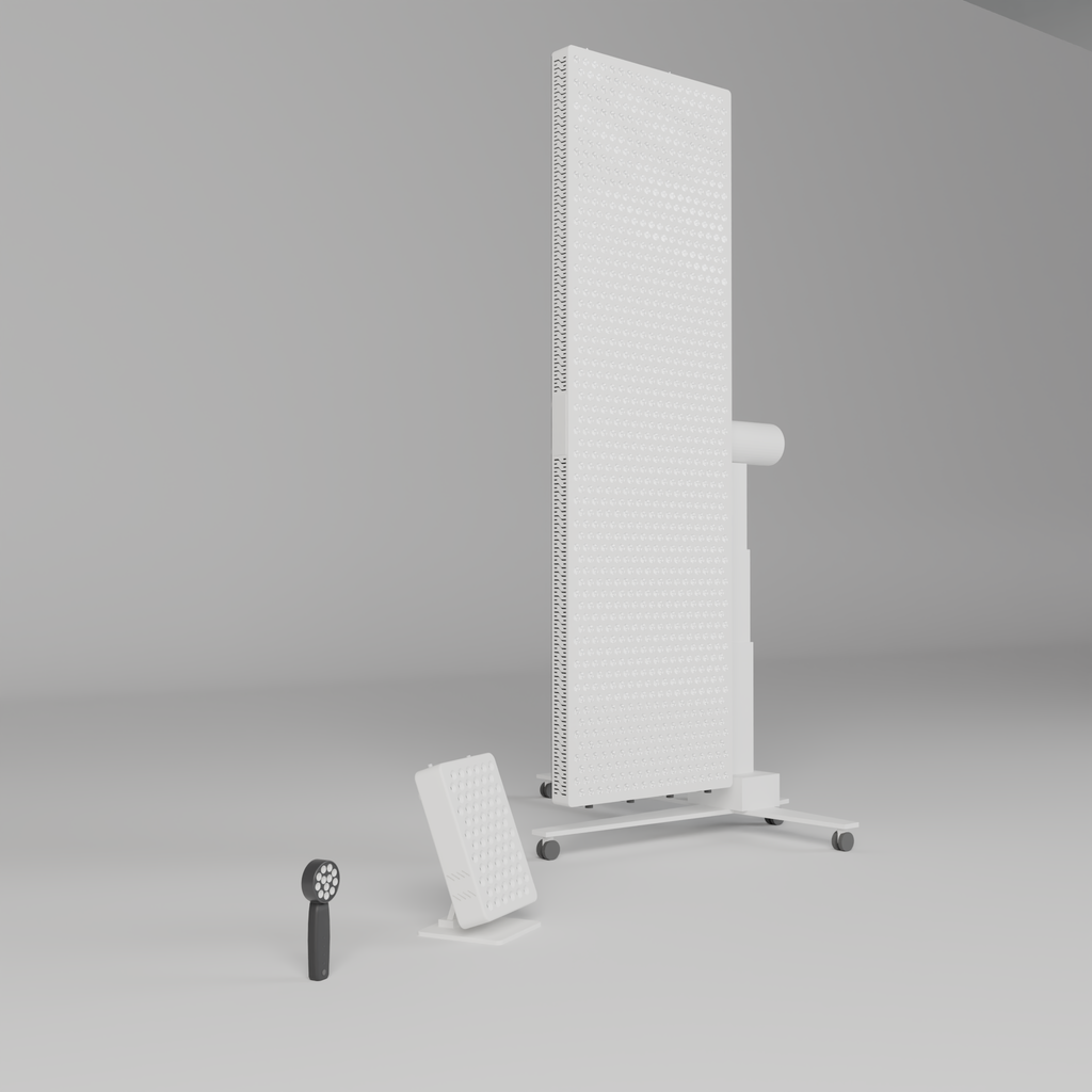 The three DRKD devices with their LEDs off: the Retreat 189 panel on its iron column stand, the Retreat 32 tabletop panel and the Retreat 21 handheld.