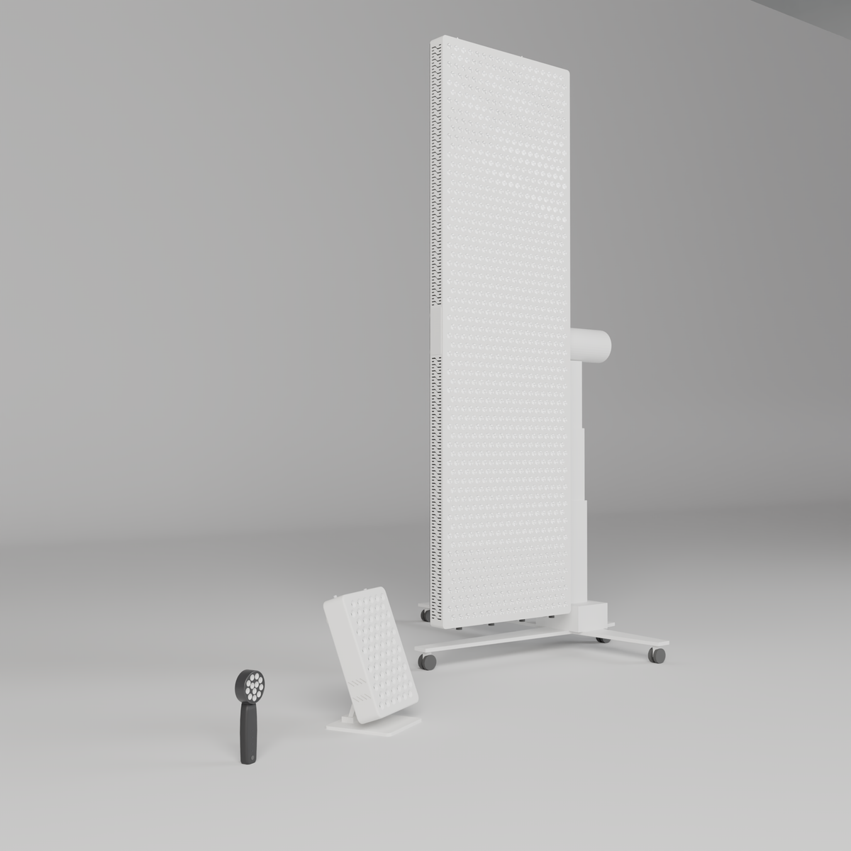 The three DRKD devices with their LEDs off: the Retreat 189 panel on its iron column stand, the Retreat 32 tabletop panel and the Retreat 21 handheld.