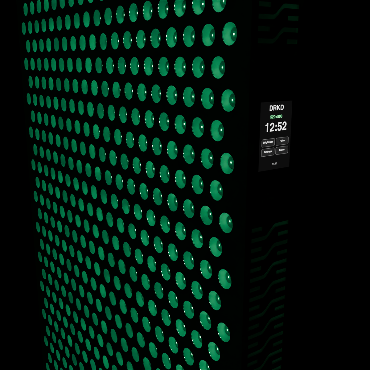 Close view of the DRKD Retreat 189 control screen beside the lit green array, the display showing the DRKD name, a 520+808 readout, a countdown and Brightness, Pulse, Settings and Pause buttons.