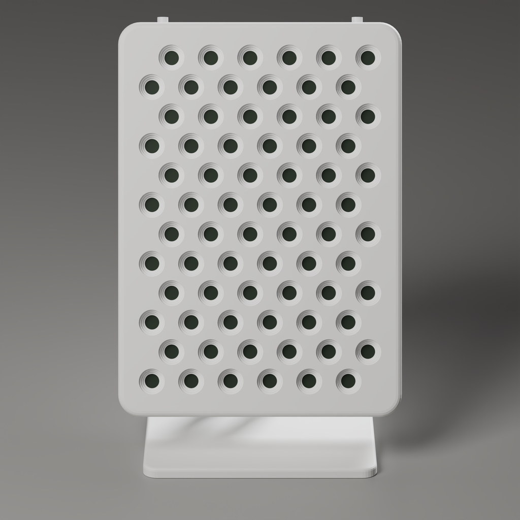 Front view of the DRKD Retreat 32 with its LEDs off, showing 72 unlit reflector cups in 12 staggered rows of 6 across the white face.