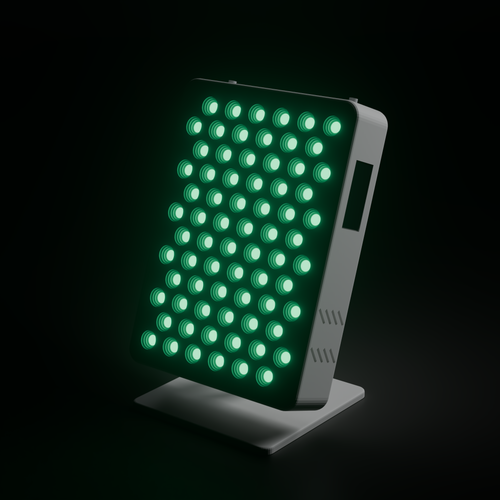 DRKD Retreat 32 in a dark room at a three-quarter angle with its 72 LEDs lit green, tilted back on its hinged stand.