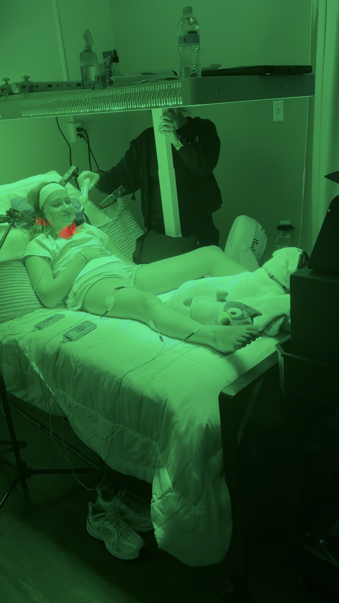 A person lying on a bed in a room lit in green, with someone standing beside the bed and a dog lying at its foot.