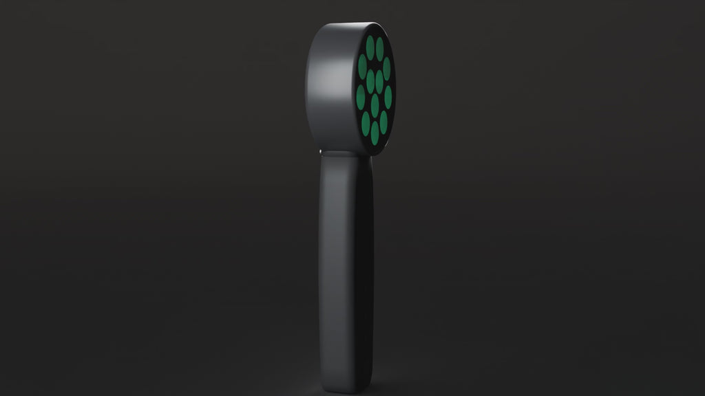 Slow camera sweep across the lit DRKD Retreat 21, showing the LED head lit green and the black handle.