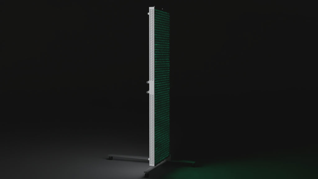 Slow camera sweep across the lit DRKD Retreat 189, showing the array lit green, the white housing edge and the column stand.