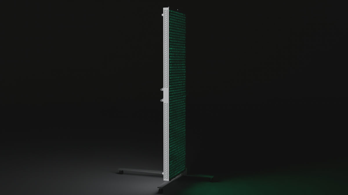 Slow camera sweep across the lit DRKD Retreat 189, showing the array lit green, the white housing edge and the column stand.