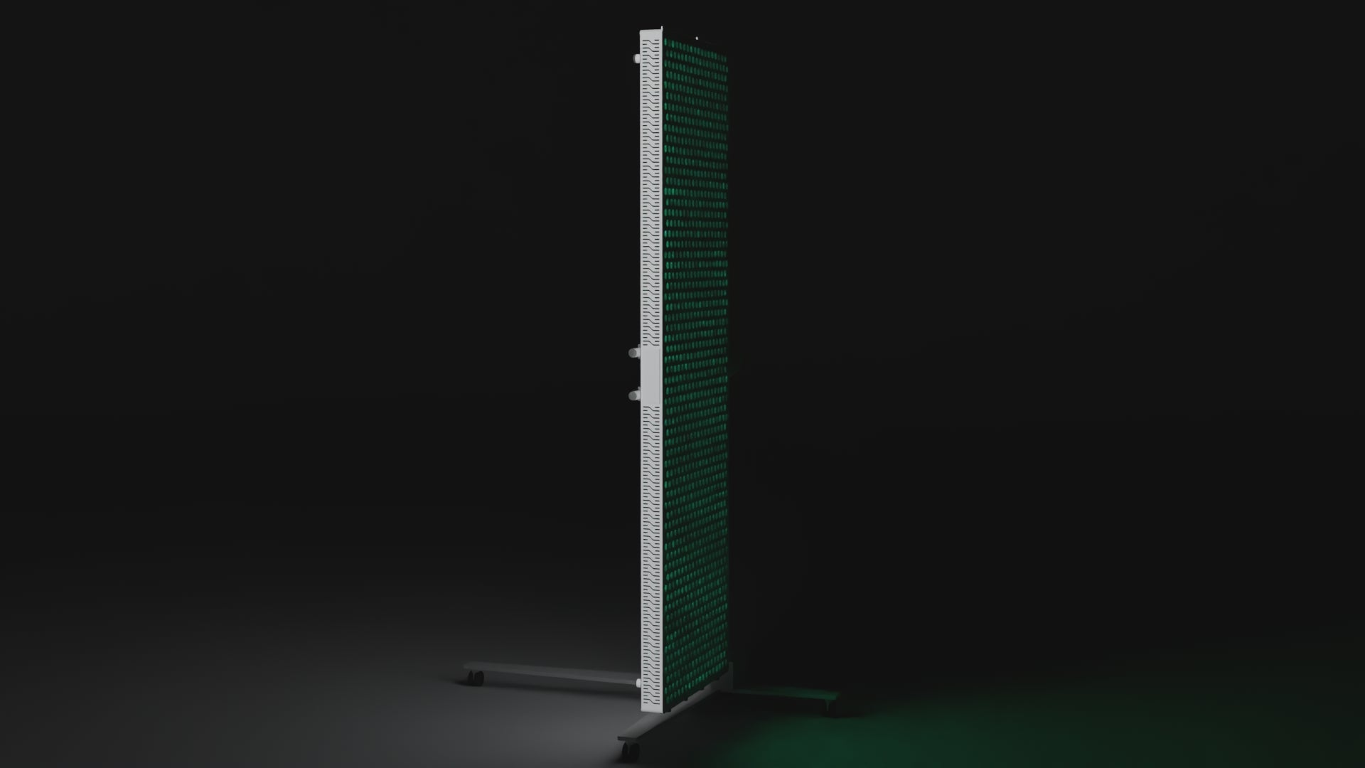 Slow camera sweep across the lit DRKD Retreat 189, showing the array lit green, the white housing edge and the column stand.
